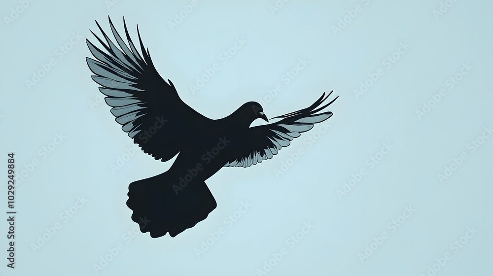 Fototapeta premium Minimalistic Silhouette of a Soaring Pigeon on Light Blue Background