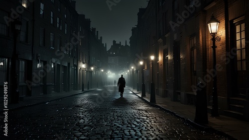 Mysterious Figure in the Mist: Ominous Shadow on Desolate Cobblestone Street