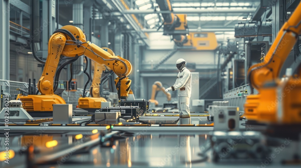 Industrial Robotic Arms Working in a Factory Setting Industrial Robotic Arms Working in a Factory Setting