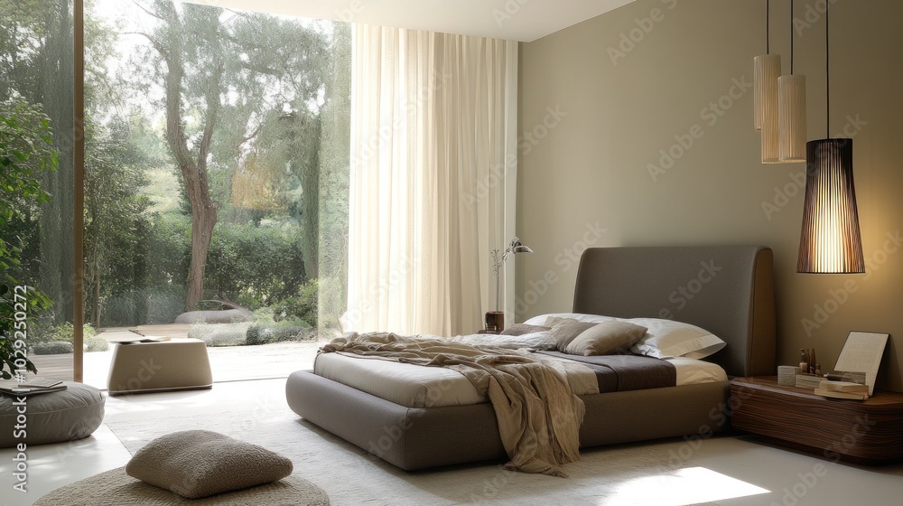 Contemporary bedroom with sleek furniture, modern lighting, and neutral decor Contemporary bedroom with sleek furniture, modern lighting, and neutral decor