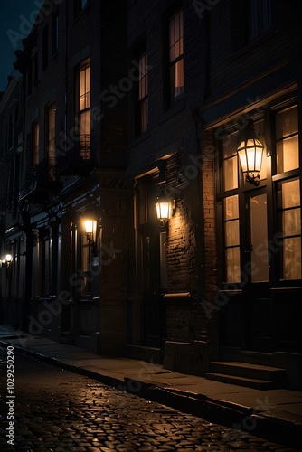 Mysterious Figure in the Mist: Ominous Shadow on Desolate Cobblestone Street