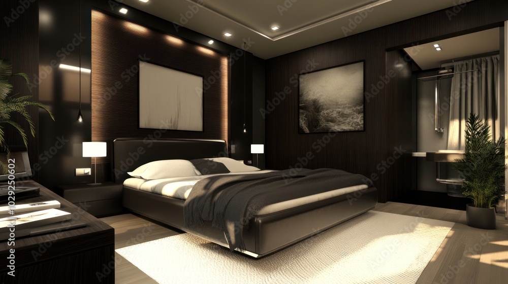 Contemporary interior design for a modern bedroom with sleek furniture and subtle decor