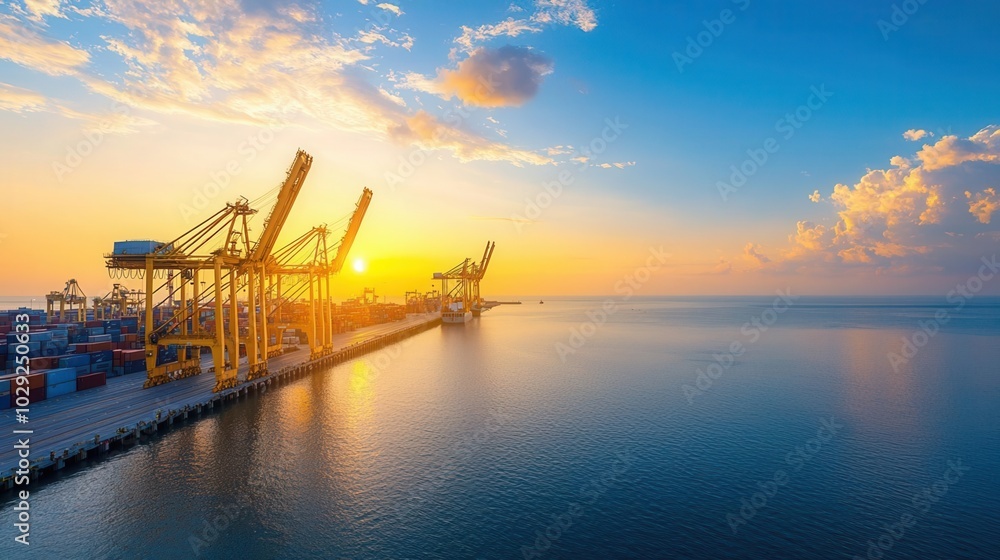 Obraz premium A shipping port with idle cranes and trapped cargo containers, symbolizing a trade restriction and port lockdown