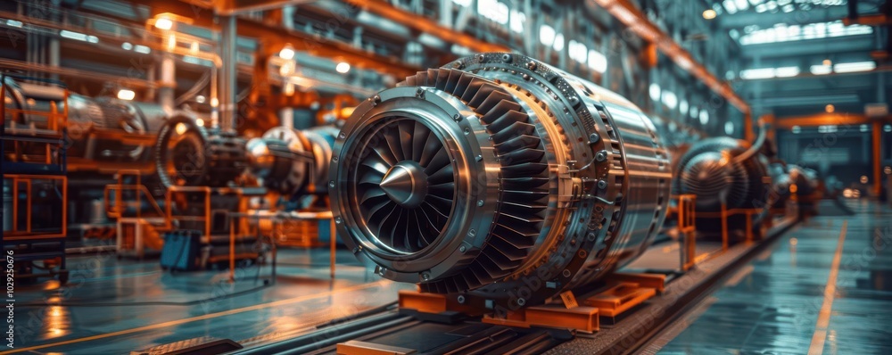 Obraz premium Aerospace factory close-up robotic welders and precision tools assembling jet engines ultra-high detail