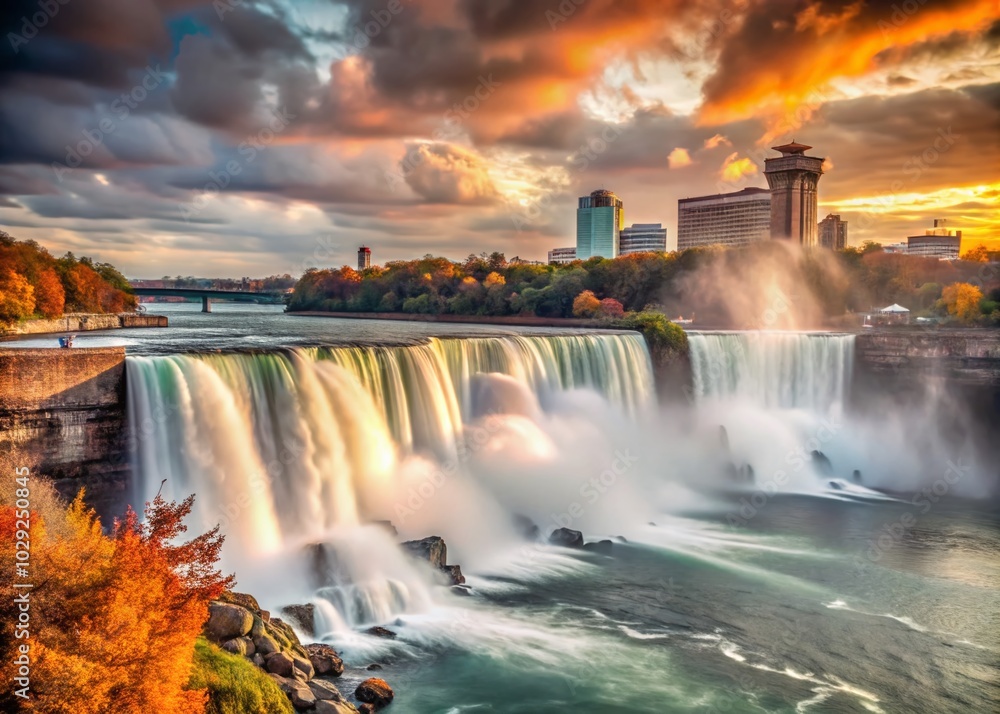 Surreal View of Niagara Falls with American Falls and Canada in the Background, Emphasizing Nature's Beauty and Surreal View of Niagara Falls with American Falls and Canada in the Background, Emphasizing Nature's Beauty and