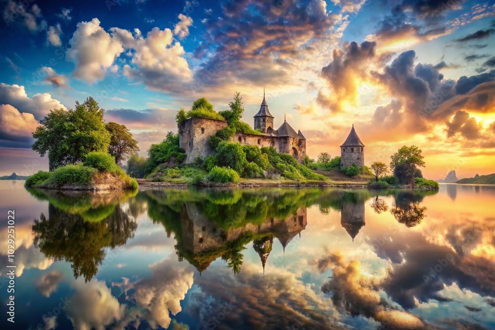 Surreal View of Old Architecture Reflecting on a Serene Lake Surreal View of Old Architecture Reflecting on a Serene Lake