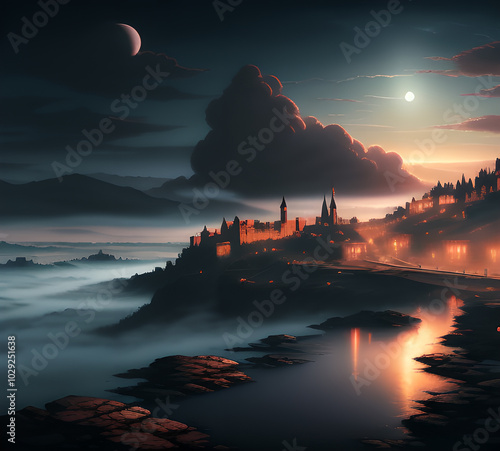 Beautiful atmospheric mystical landscape of the castle.moon in the night light.generative ai