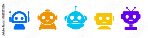 Sets of colorful robot smiling face icon. Futuristic cute help bots in modern style.