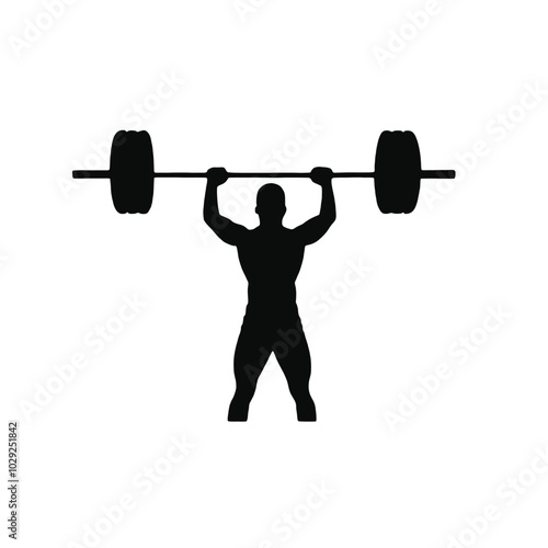 A muscular male weightlifter lifting a barbell overhead, silhouetted against a plain white background 