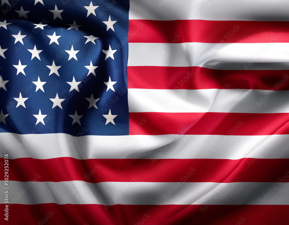 Obraz premium USA Flag waving in the wind. Close up of USA banner blowing, soft and smooth silk. Cloth fabric texture ensign background