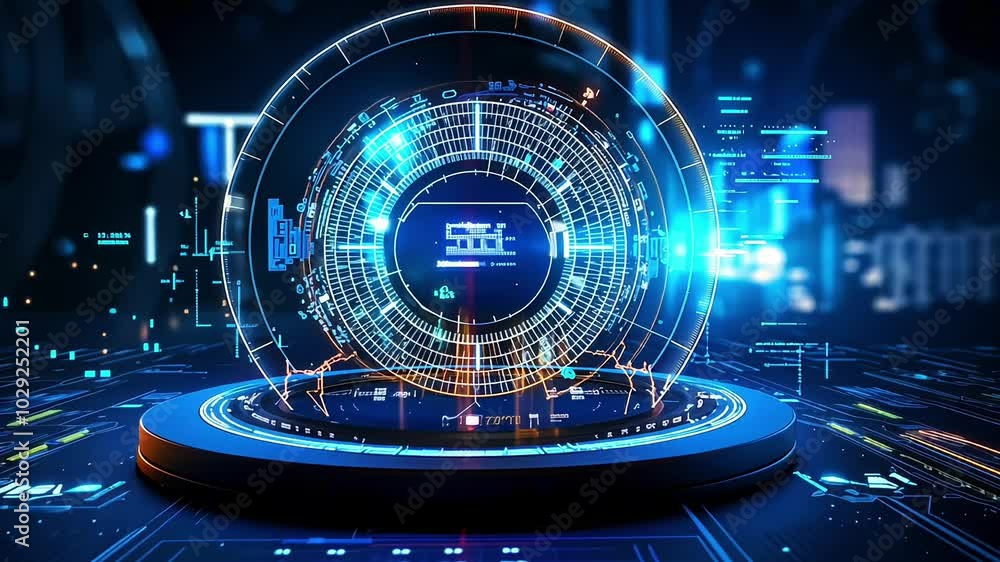 Futuristic digital interface with a glowing shining circular data display motion abstract background Futuristic digital interface with a glowing shining circular data display motion abstract background