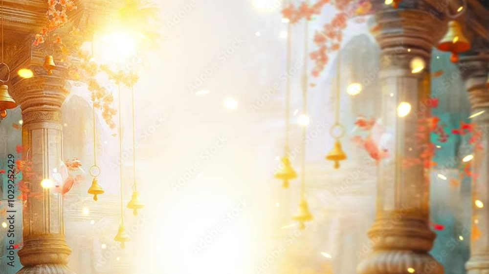 Abstract golden hindu temple with bells and beautiful flower decorations looping graphical video background Abstract golden hindu temple with bells and beautiful flower decorations looping graphical video background