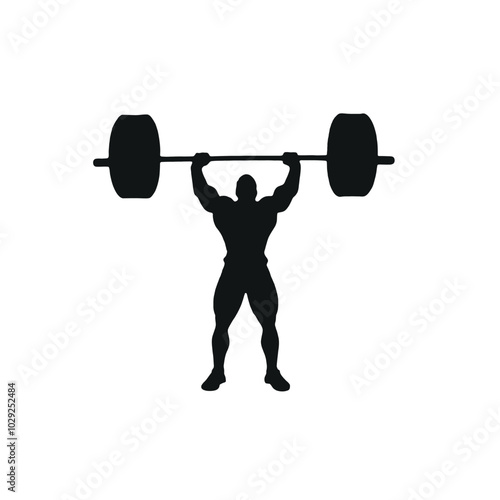 A muscular male weightlifter lifting a barbell overhead, silhouetted against a plain white background 