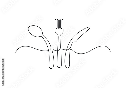 Continuous one line drawing of hand drawn knife, fork and spoon vector illustration