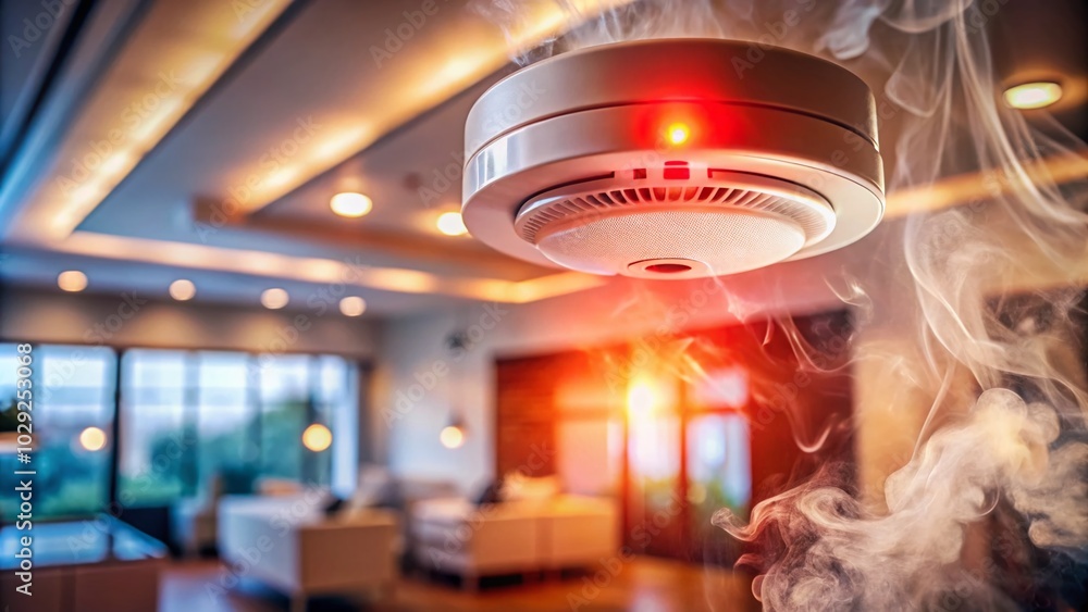 custom made wallpaper toronto digitalClose-Up of Smoke Detector with Red Light for Emergency Alert in a Modern Home Environment