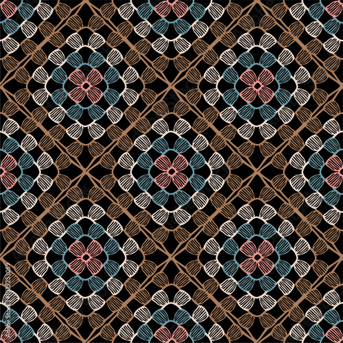 Pattern with crochet granny square with flowers wallpaper handmade decorative art design print	