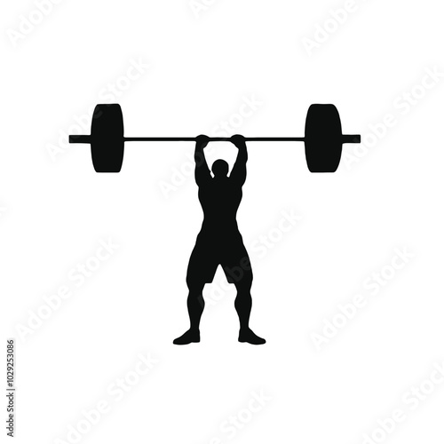 A muscular male weightlifter lifting a barbell overhead, silhouetted against a plain white background 