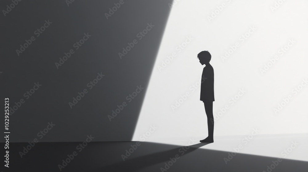 A solitary figure in a stark room reflects deep sadness, creating an atmosphere of introspection and solitude A solitary figure in a stark room reflects deep sadness, creating an atmosphere of introspection and solitude