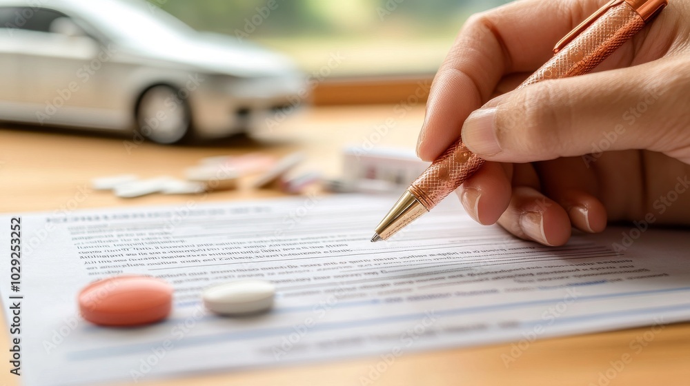 person holding an insurance policy document with a pen, highlighting sections related to accident coverage, with a small model car and band-aids on the desk person holding an insurance policy document with a pen, highlighting sections related to accident coverage, with a small model car and band-aids on the desk