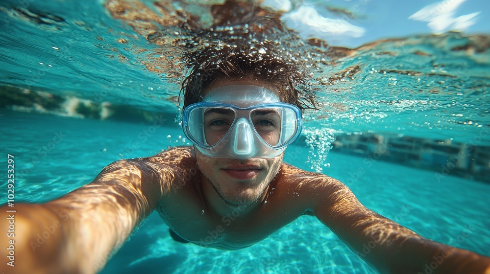 Fototapeta premium Refreshing at pool. Underwater wide angle selfie shot