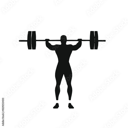 A muscular male weightlifter lifting a barbell overhead, silhouetted against a plain white background 