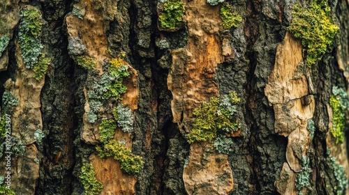 Discover the intricate textures of tree bark adorned with vibrant moss and lichen in macro style photo