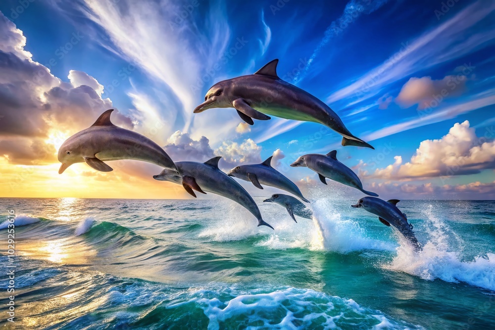Obraz premium Synchronized Dolphins Leaping in Energetic Display Over Ocean Waves