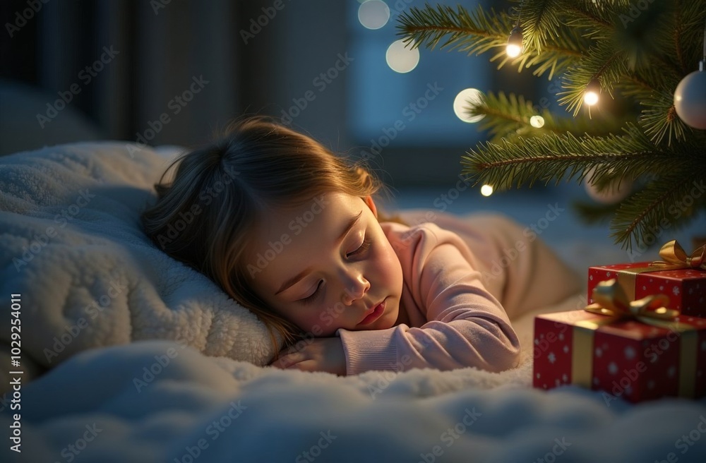 a little girl fell asleep under the Christmas tree at night a little girl fell asleep under the Christmas tree at night