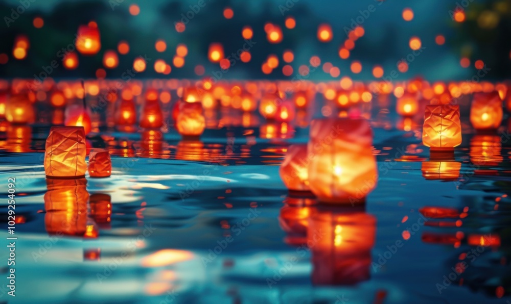 Magical lanterns floating on water, 4K hyperrealistic photo Magical lanterns floating on water, 4K hyperrealistic photo