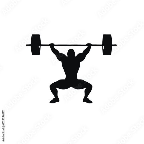 A muscular male weightlifter lifting a barbell overhead, silhouetted against a plain white background 