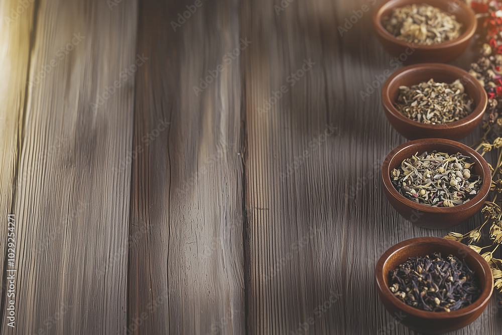 Close-up of dried herbs and flowers in small bowls, rustic wooden background, holistic healing and organic feel Close-up of dried herbs and flowers in small bowls, rustic wooden background, holistic healing and organic feel