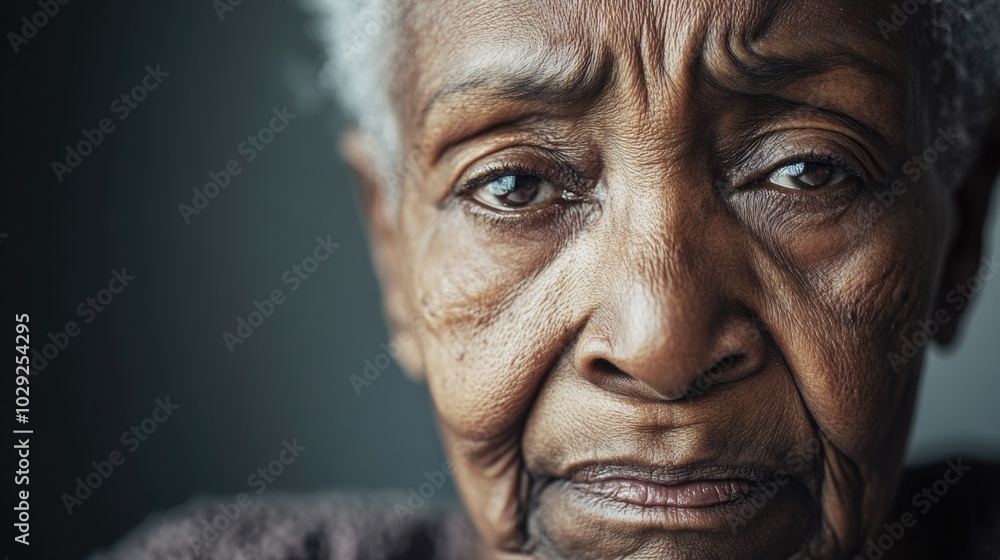 Close-up portrait of a sad elderly black woman with gentle sadness reflected in her eyes against a soft gray background Close-up portrait of a sad elderly black woman with gentle sadness reflected in her eyes against a soft gray background