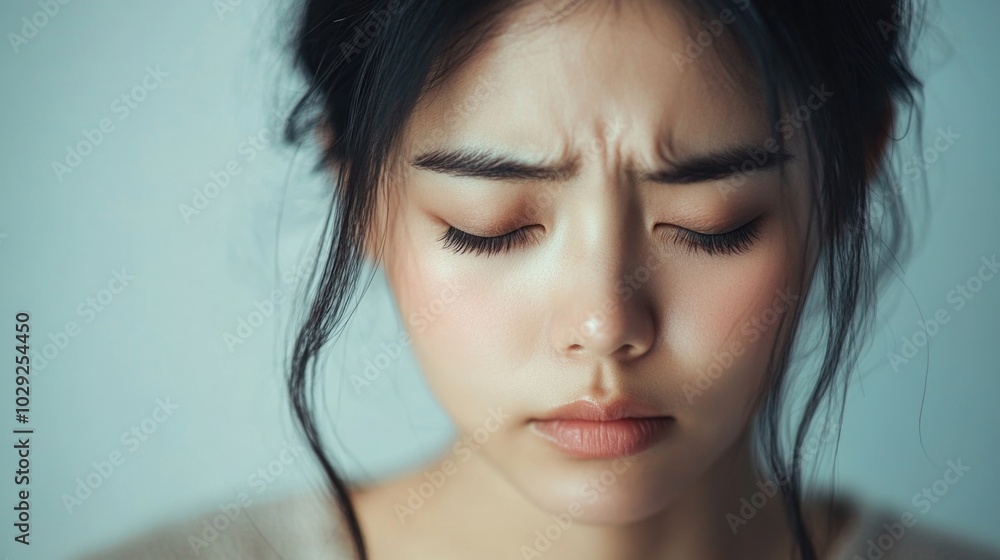 A close-up portrait of an Asian woman expressing sorrow with downcast eyes against a neutral gray background A close-up portrait of an Asian woman expressing sorrow with downcast eyes against a neutral gray background