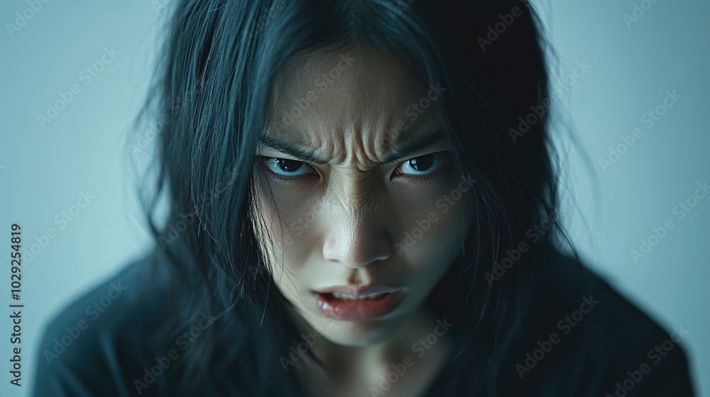 Minimalist portrayal of an angry Asian woman against a neutral grey background with subtle lighting highlighting her expression Minimalist portrayal of an angry Asian woman against a neutral grey background with subtle lighting highlighting her expression