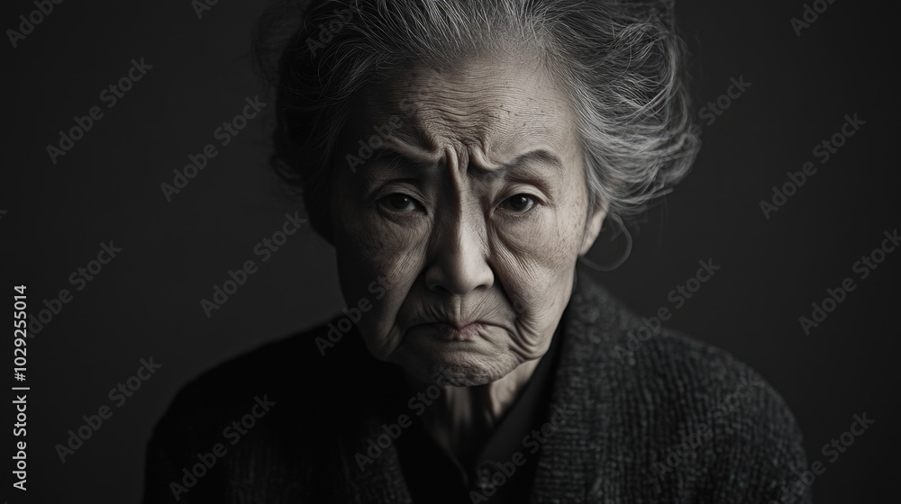 Elderly Asian woman expressing anger in a minimalist black and white portrait with dramatic lighting Elderly Asian woman expressing anger in a minimalist black and white portrait with dramatic lighting