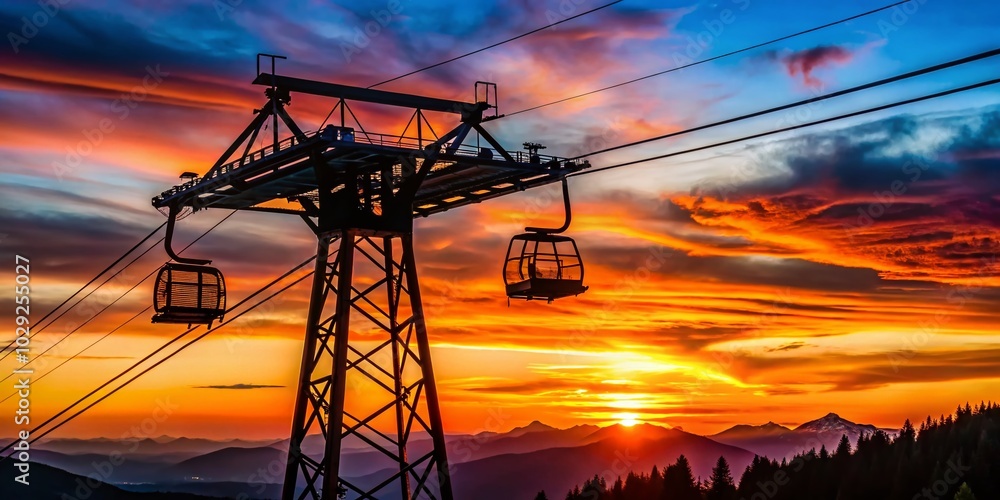 Closeup Silhouette of Ski Lift Cable Car Pylon Structure Against Dramatic Sky Closeup Silhouette of Ski Lift Cable Car Pylon Structure Against Dramatic Sky