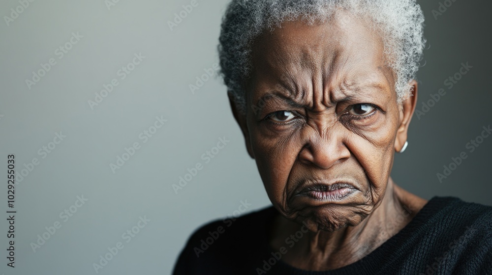Minimalist portrait of an elderly black woman expressing anger against a neutral gray background showcasing emotion and simplicity Minimalist portrait of an elderly black woman expressing anger against a neutral gray background showcasing emotion and simplicity