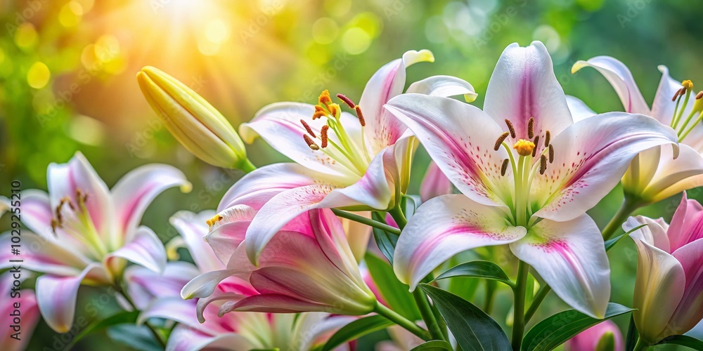 Fototapeta premium Close-Up White Pink Lily in Full Bloom with Bokeh Effect for Garden Decor