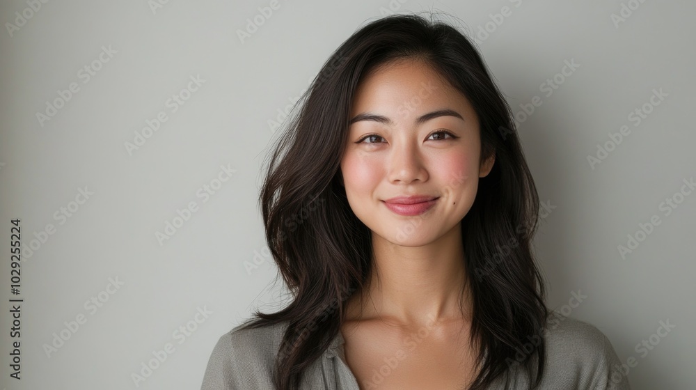 A happy Asian woman with a warm smile against a clean neutral background, captured in soft lighting and minimal color tones A happy Asian woman with a warm smile against a clean neutral background, captured in soft lighting and minimal color tones