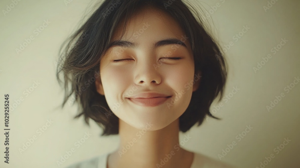 A joyful Asian woman smiles softly against a neutral background, illuminated by soft lighting in a minimalistic portrait