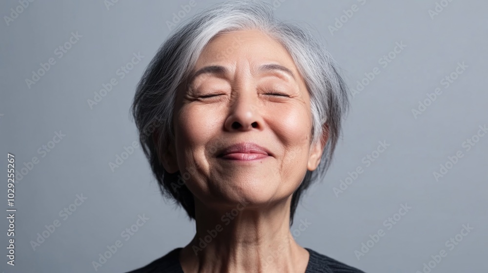 A joyful elderly woman with white hair closes her eyes in a moment of happiness against a neutral background A joyful elderly woman with white hair closes her eyes in a moment of happiness against a neutral background