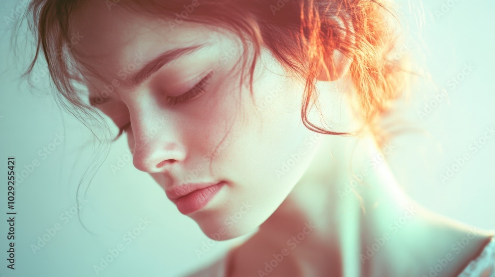 A minimalistic portrait of a woman expressing sadness with soft lighting and pastel colors against a neutral background A minimalistic portrait of a woman expressing sadness with soft lighting and pastel colors against a neutral background