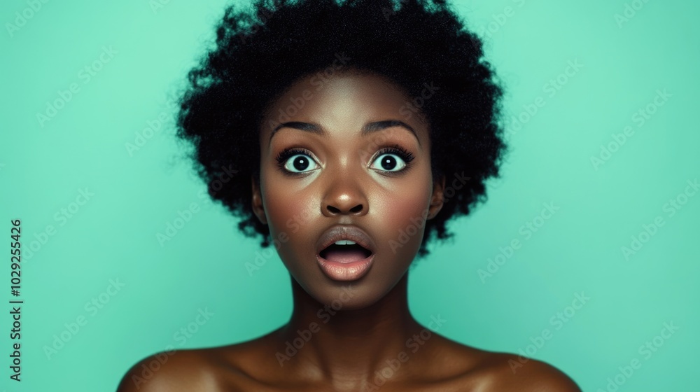 Surprised Black woman with expressive features in minimalistic portrait featuring soft lighting and pastel tones Surprised Black woman with expressive features in minimalistic portrait featuring soft lighting and pastel tones