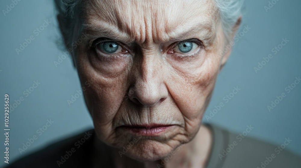 Minimalistic portrait of an angry elderly woman with sharp features against a gray background highlighting her intense expression Minimalistic portrait of an angry elderly woman with sharp features against a gray background highlighting her intense expression