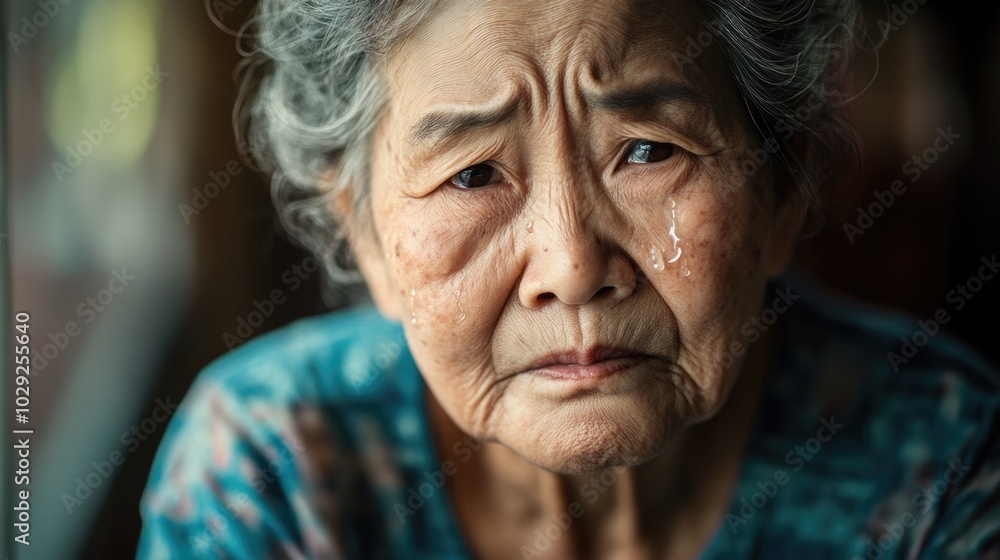 A minimalistic portrait of an upset elderly Asian woman expressing deep sadness with subtle tears and soft lighting A minimalistic portrait of an upset elderly Asian woman expressing deep sadness with subtle tears and soft lighting