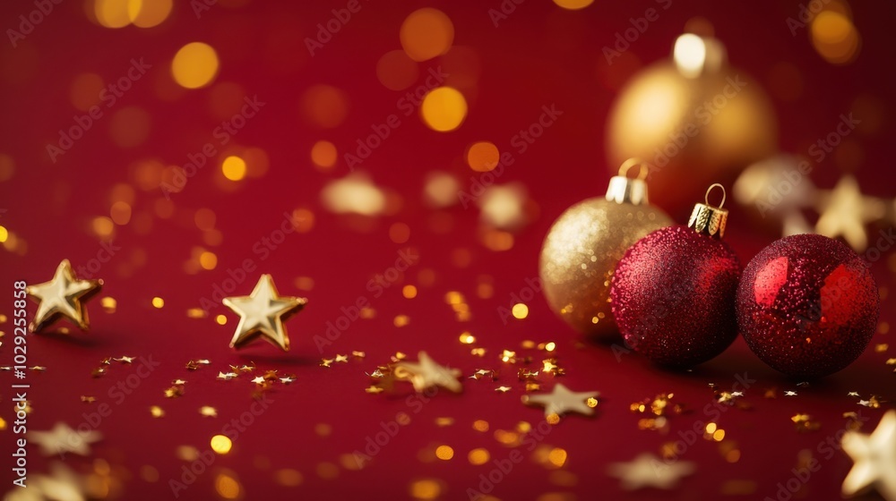 Red background featuring a Merry Christmas banner with gold stars and Christmas balls scattered around. Red background featuring a Merry Christmas banner with gold stars and Christmas balls scattered around.