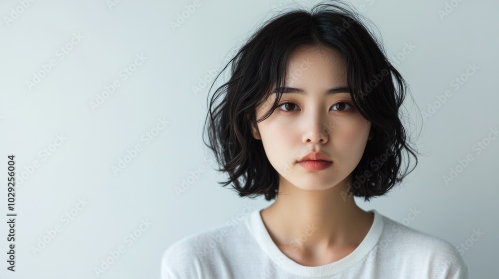 A contemplative Asian woman expresses sadness against a minimalistic white backdrop, capturing human emotions in soft light A contemplative Asian woman expresses sadness against a minimalistic white backdrop, capturing human emotions in soft light