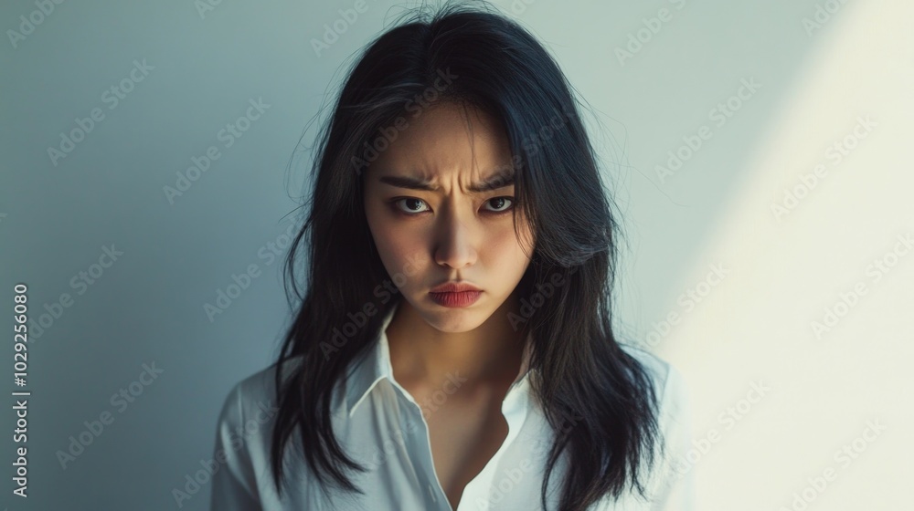Fototapeta premium Portrait of an angry Asian woman expressing intense emotion against a neutral backdrop with bold shadows and sharp lines
