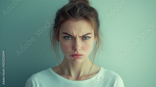 Angry woman with intense expression against a neutral pastel background showcasing minimalist emotion through facial tension