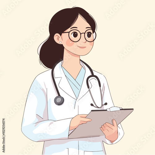 Woman doctor holding a clipboard Young cartoon doctor with vector illustration Medical concept